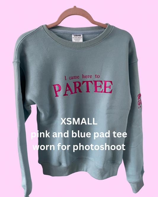 XSMALLpink on blue par tee (sample sale)